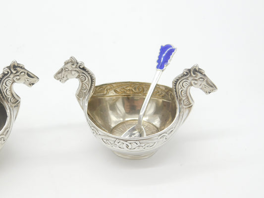 Norwegian Pair of .830 Silver Viking Ship Salt Cellars Antique c1930 Art Deco