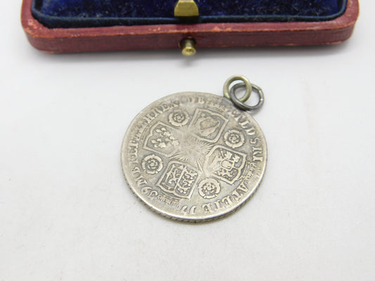 Early Sterling Silver King George II Shilling Coin Fob Pendant Antique 1739