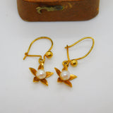 9ct Yellow Gold Pearl Set Floral Drop Hoop Earrings Vintage 1979 London