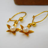 9ct Yellow Gold Pearl Set Floral Drop Hoop Earrings Vintage 1979 London
