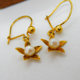 9ct Yellow Gold Pearl Set Floral Drop Hoop Earrings Vintage 1979 London