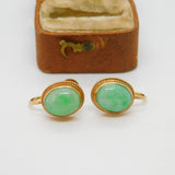 9ct Yellow Gold Cabochon Green Jade Screw Back Earrings Antique c1920 Deco