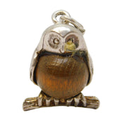 Sterling Silver & Oak Wood Set Perched Owl Charm Pendant Vintage c1950