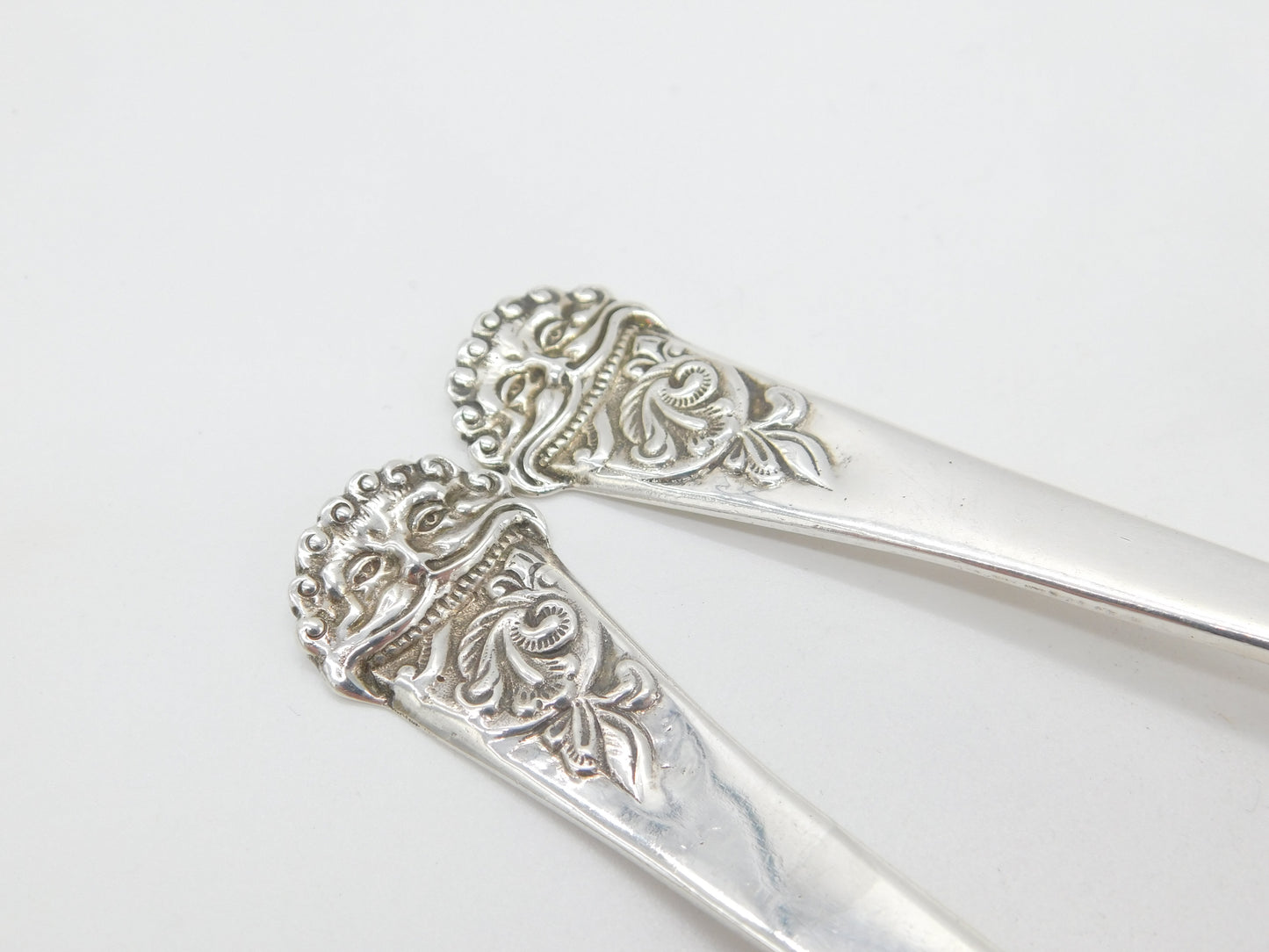 Victorian Sterling Silver Green Man Terminal Salad Servers 1896 Birmingham