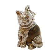 Sterling Silver & Oak Wood Set Sitting Cat Charm Pendant Vintage c1950