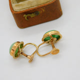 9ct Yellow Gold Cabochon Green Jade Screw Back Earrings Antique c1920 Deco