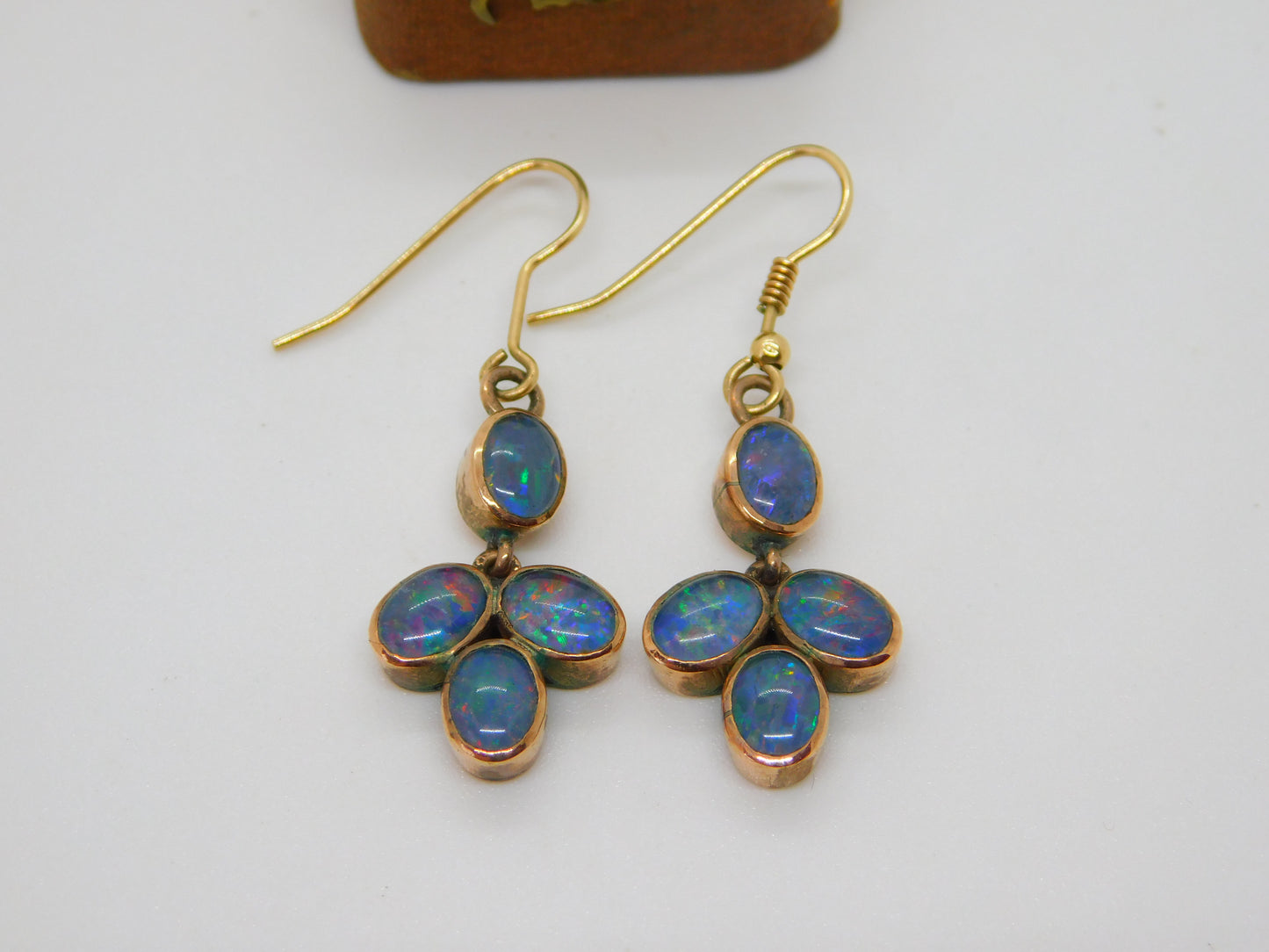 Victorian 9ct Rose Gold & Doublet Opal Set Floral Drop Earrings c1880 Antique