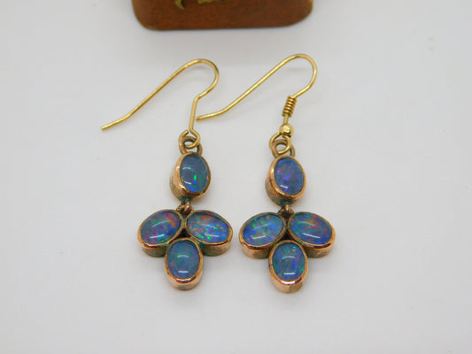 Victorian 9ct Rose Gold & Doublet Opal Set Floral Drop Earrings c1880 Antique