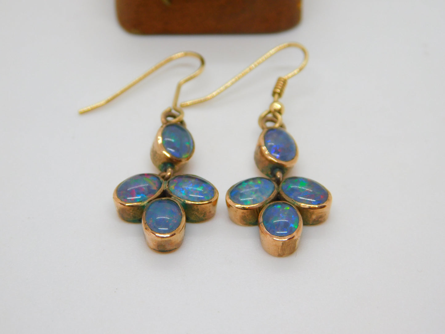 Victorian 9ct Rose Gold & Doublet Opal Set Floral Drop Earrings c1880 Antique