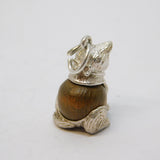 Sterling Silver & Oak Wood Set Sitting Cat Charm Pendant Vintage c1950