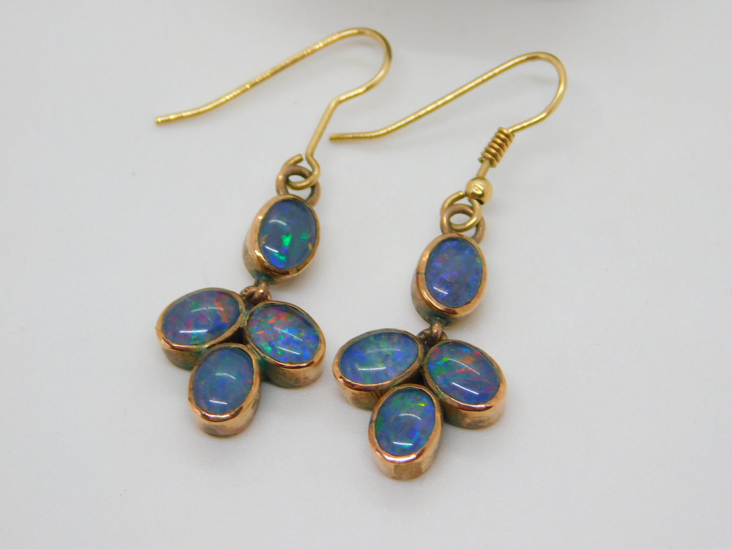 Victorian 9ct Rose Gold & Doublet Opal Set Floral Drop Earrings c1880 Antique