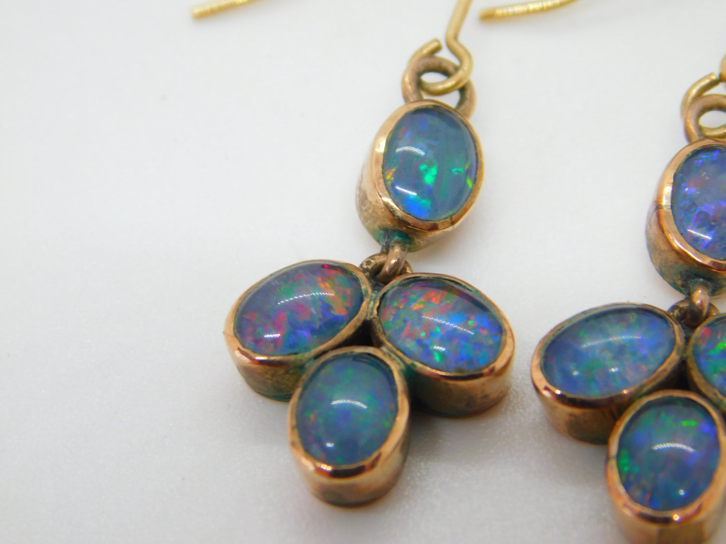 Victorian 9ct Rose Gold & Doublet Opal Set Floral Drop Earrings c1880 Antique