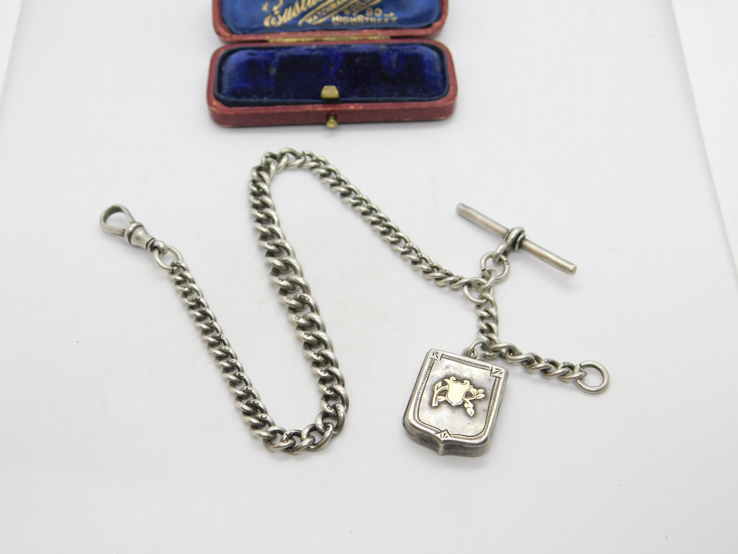 Edwardian Sterling Silver Graduating Albert Watch Chain & Locket 1908