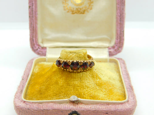 9ct Yellow Gold & Five-Stone Bohemian Garnet Dress Ring Vintage 1975 London