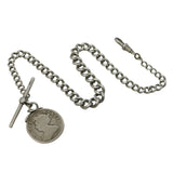 Sterling Silver Albert Watch Chain & Queen Anne Shilling Fob Antique London