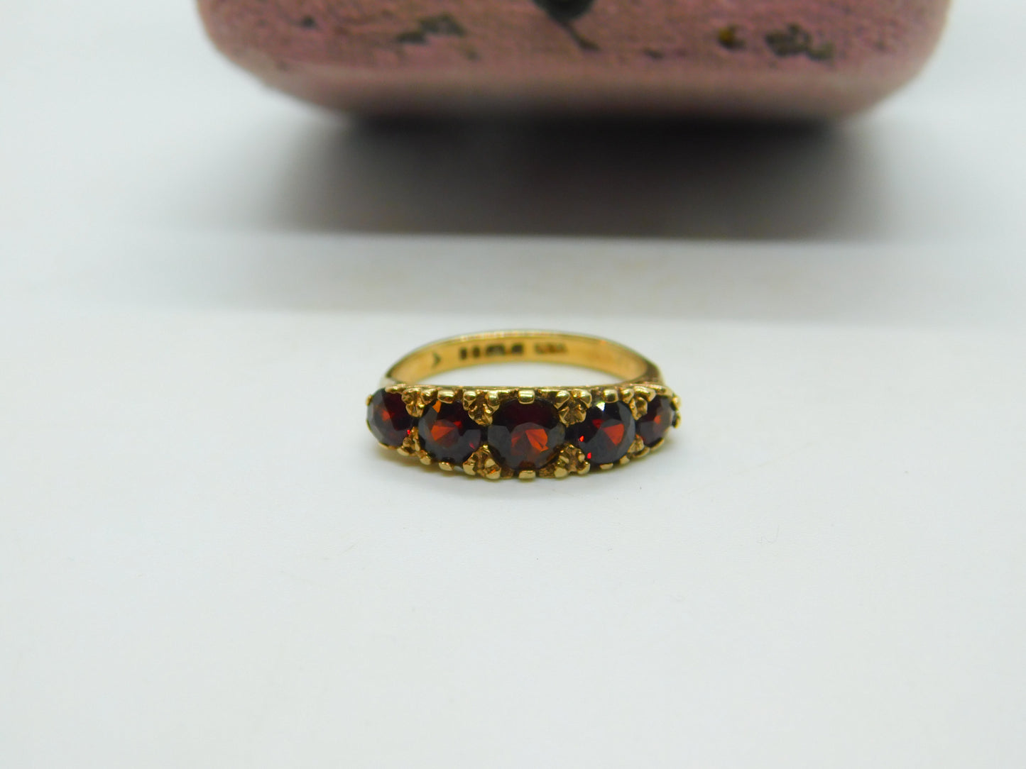 9ct Yellow Gold & Five-Stone Bohemian Garnet Dress Ring Vintage 1975 London