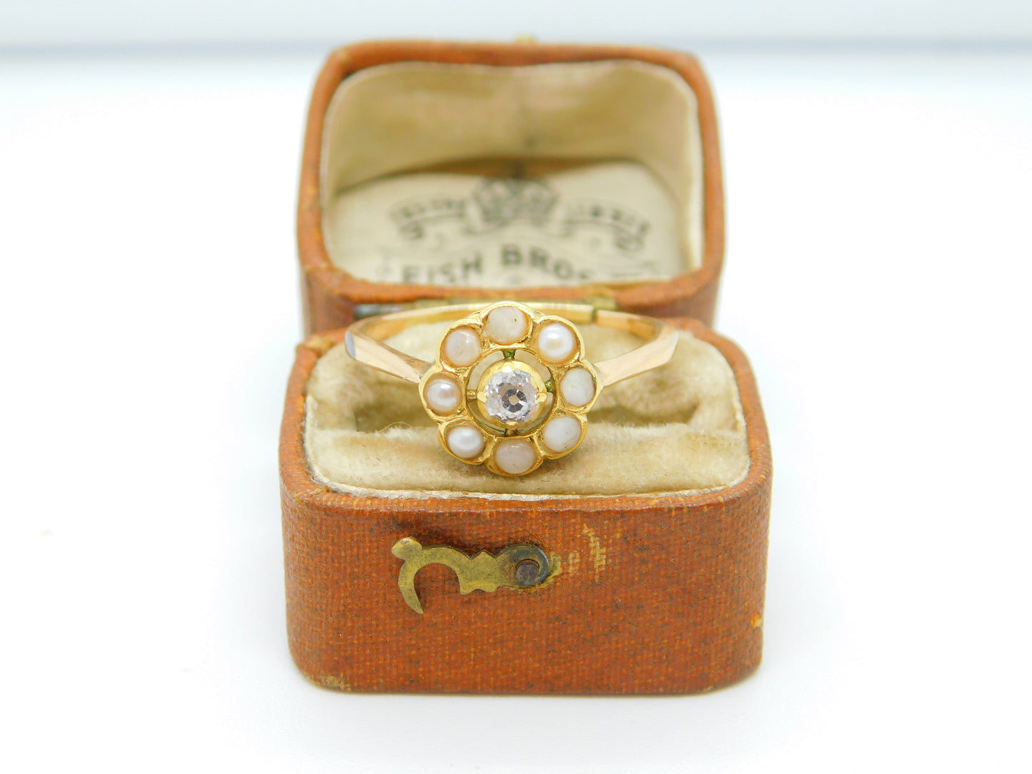 Victorian 18ct Yellow Gold 0.2ct Rose Cut Diamond & Pearl Floral Ring c1860 AF