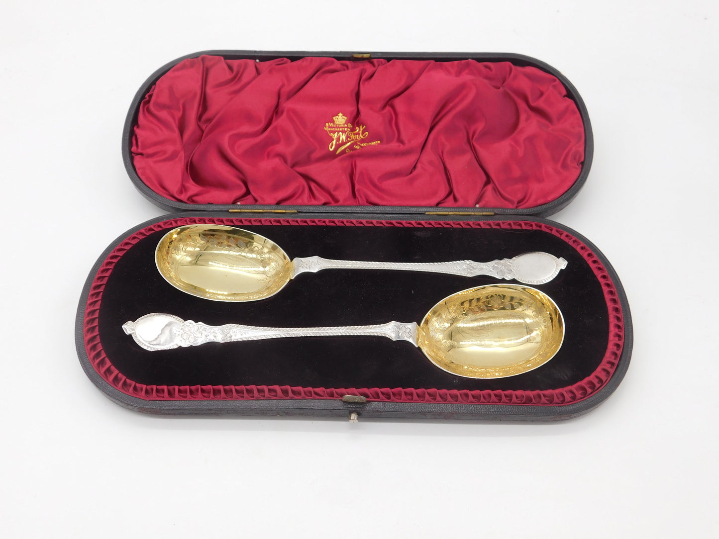 Victorian Boxed Sterling Silver Pair of Desert Serving Spoons 1894 Sheffield