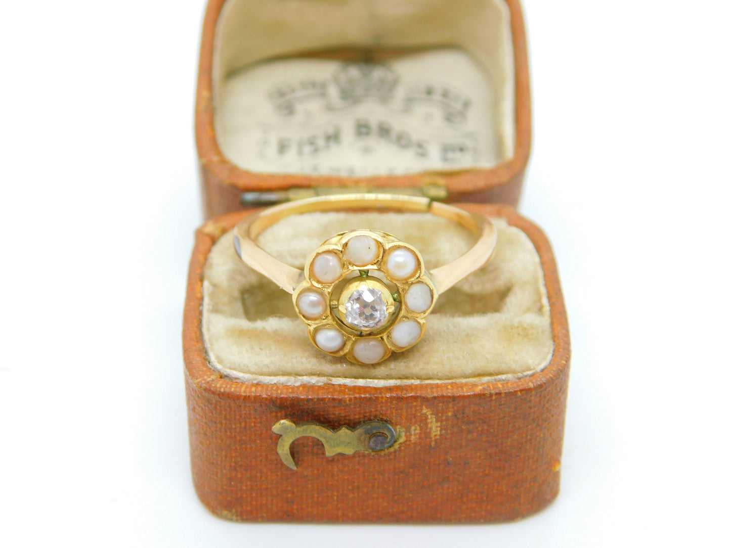 Victorian 18ct Yellow Gold 0.2ct Rose Cut Diamond & Pearl Floral Ring c1860 AF