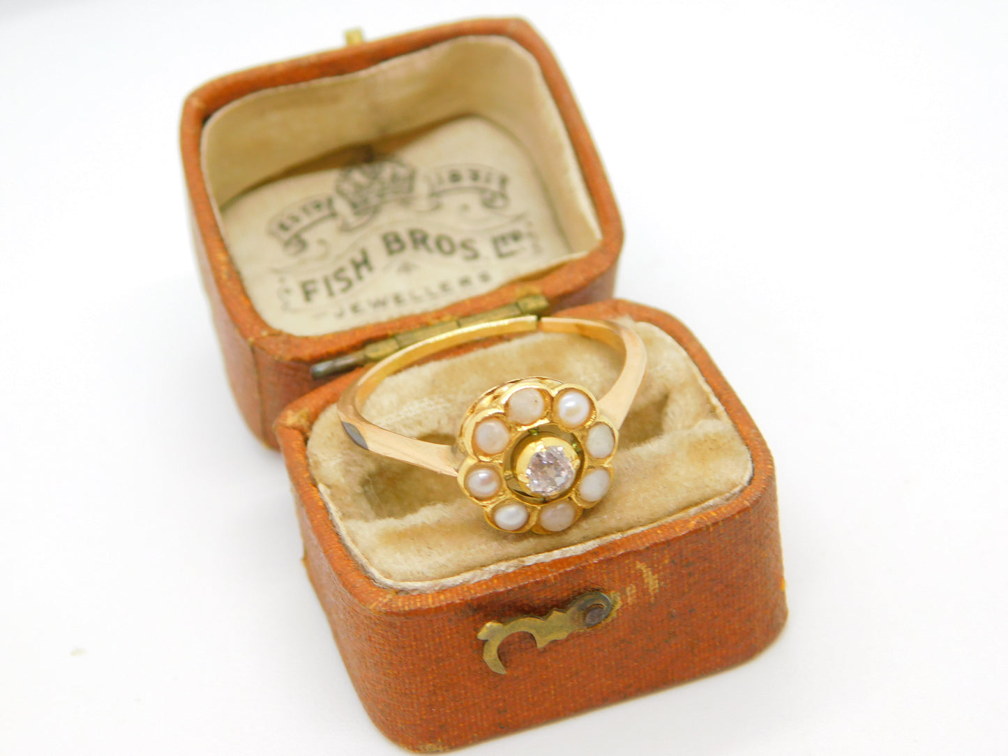 Victorian 18ct Yellow Gold 0.2ct Rose Cut Diamond & Pearl Floral Ring c1860 AF