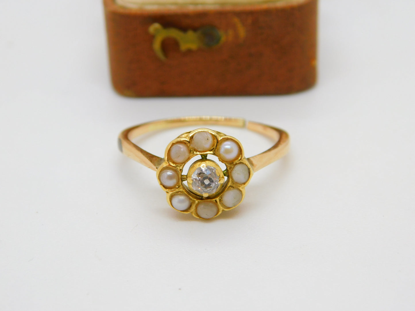 Victorian 18ct Yellow Gold 0.2ct Rose Cut Diamond & Pearl Floral Ring c1860 AF