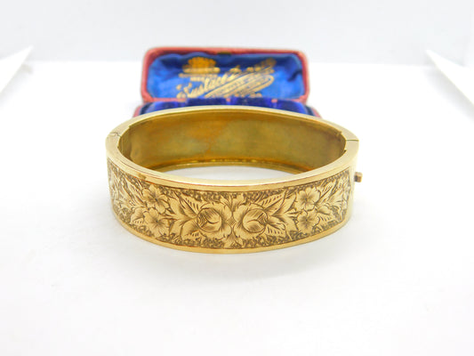 Victorian Gold Plated Aesthetic Movement Floral Cuff Bangle Antique c1880