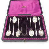 Boxed Set of Sterling Silver Apostle Teaspoons & Tongs 1891 Birmingham Antique