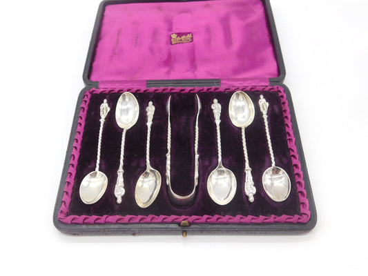 Boxed Set of Sterling Silver Apostle Teaspoons & Tongs 1891 Birmingham Antique