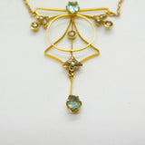Aquamarine & Seed Pearl 9ct Gold Pendant Necklace Antique Edwardian c1910
