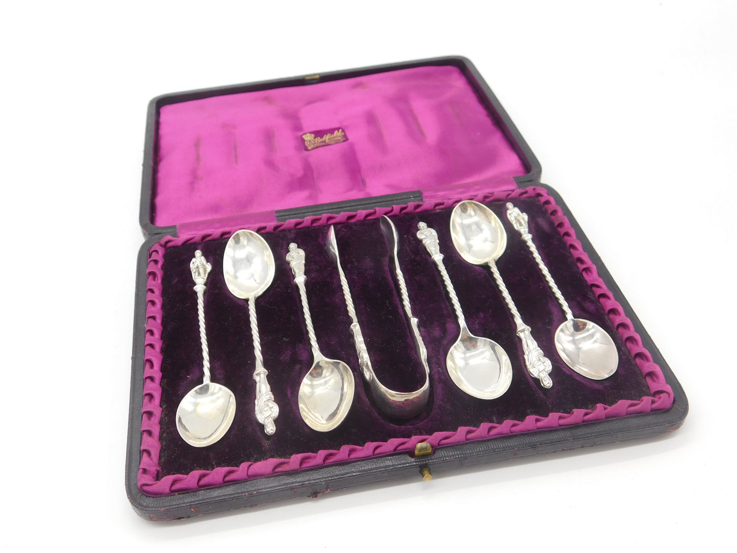 Boxed Set of Sterling Silver Apostle Teaspoons & Tongs 1891 Birmingham Antique