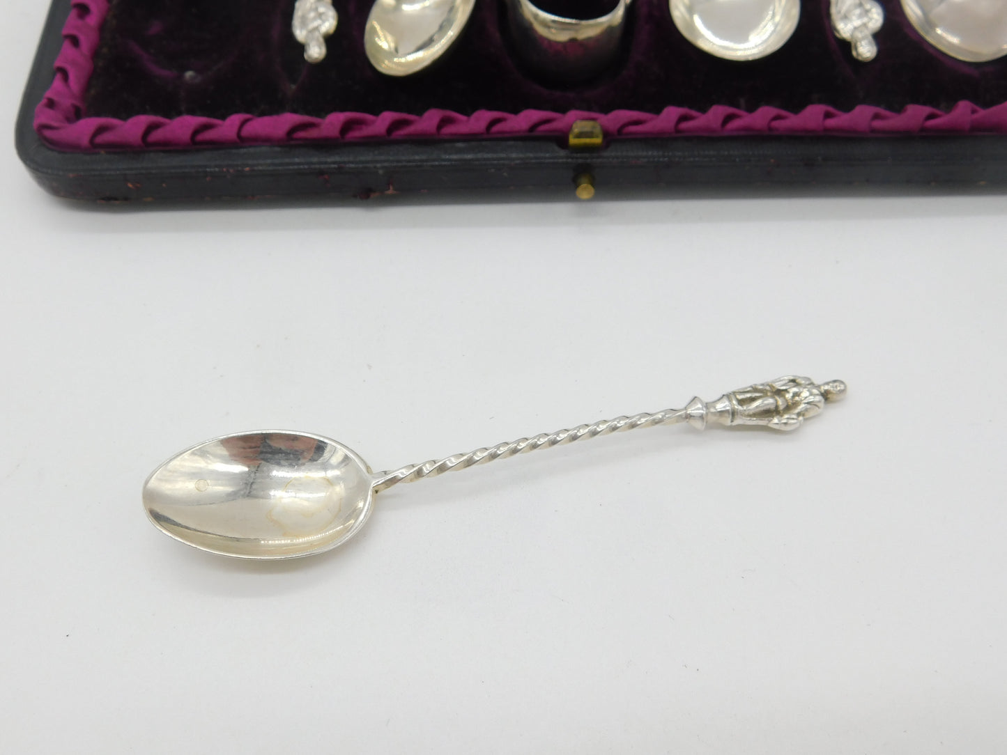 Boxed Set of Sterling Silver Apostle Teaspoons & Tongs 1891 Birmingham Antique