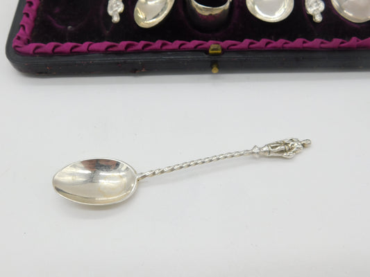 Boxed Set of Sterling Silver Apostle Teaspoons & Tongs 1891 Birmingham Antique