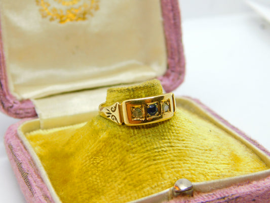 Victorian 18ct Yellow Gold, Sapphire & Diamond Boat Ring c1880 Antique