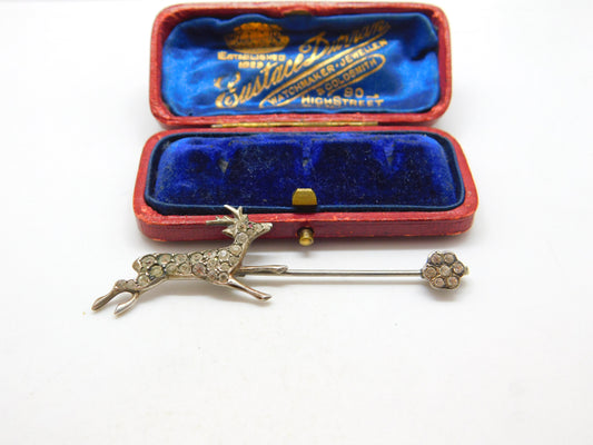 Victorian .900 Silver & Diamond Paste Running Deer Floral Brooch Pin Antique