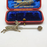 Victorian .900 Silver & Diamond Paste Running Deer Floral Brooch Pin Antique