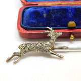 Victorian .900 Silver & Diamond Paste Running Deer Floral Brooch Pin Antique