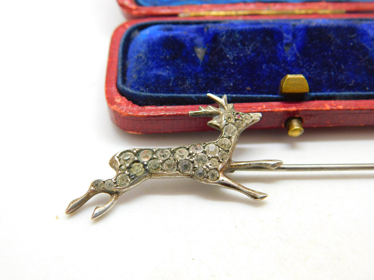 Victorian .900 Silver & Diamond Paste Running Deer Floral Brooch Pin Antique