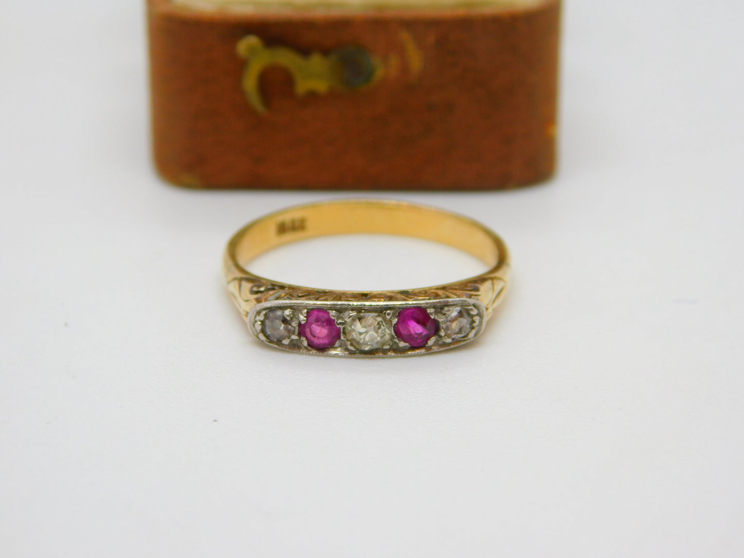 Victorian 18ct Yellow Gold, Diamond & Ruby Boat Ring Antique c1890