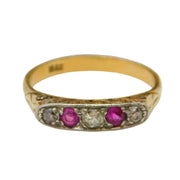 Victorian 18ct Yellow Gold, Diamond & Ruby Boat Ring Antique c1890