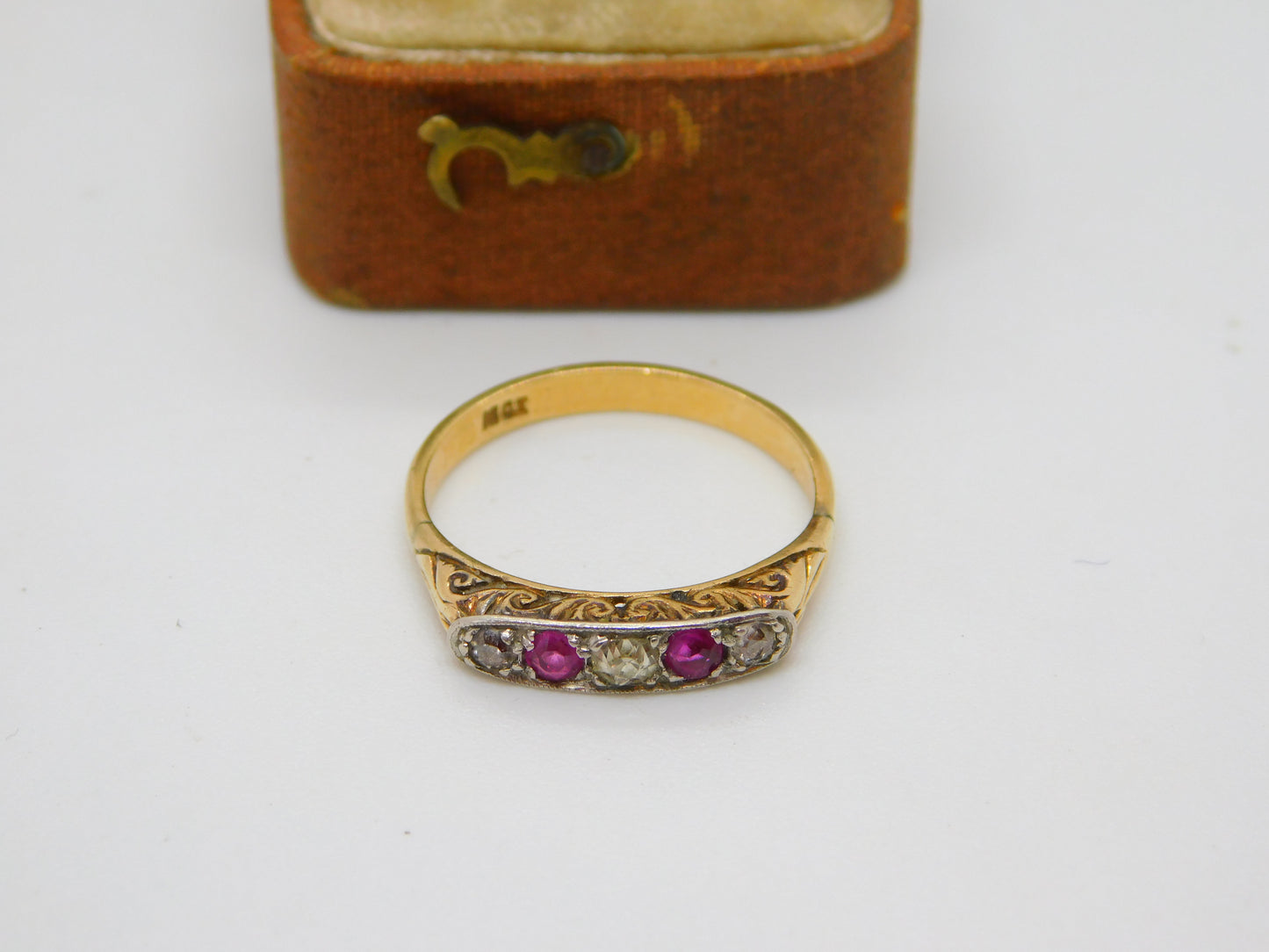 Victorian 18ct Yellow Gold, Diamond & Ruby Boat Ring Antique c1890