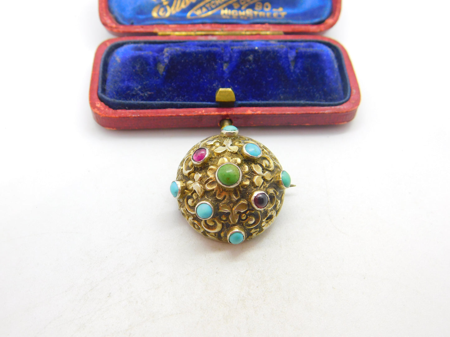 Austrian Early Sterling Silver, Turquoise & Garnet Button Brooch c1840 Antique