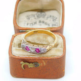 Victorian 18ct Yellow Gold, Diamond & Ruby Boat Ring Antique c1890