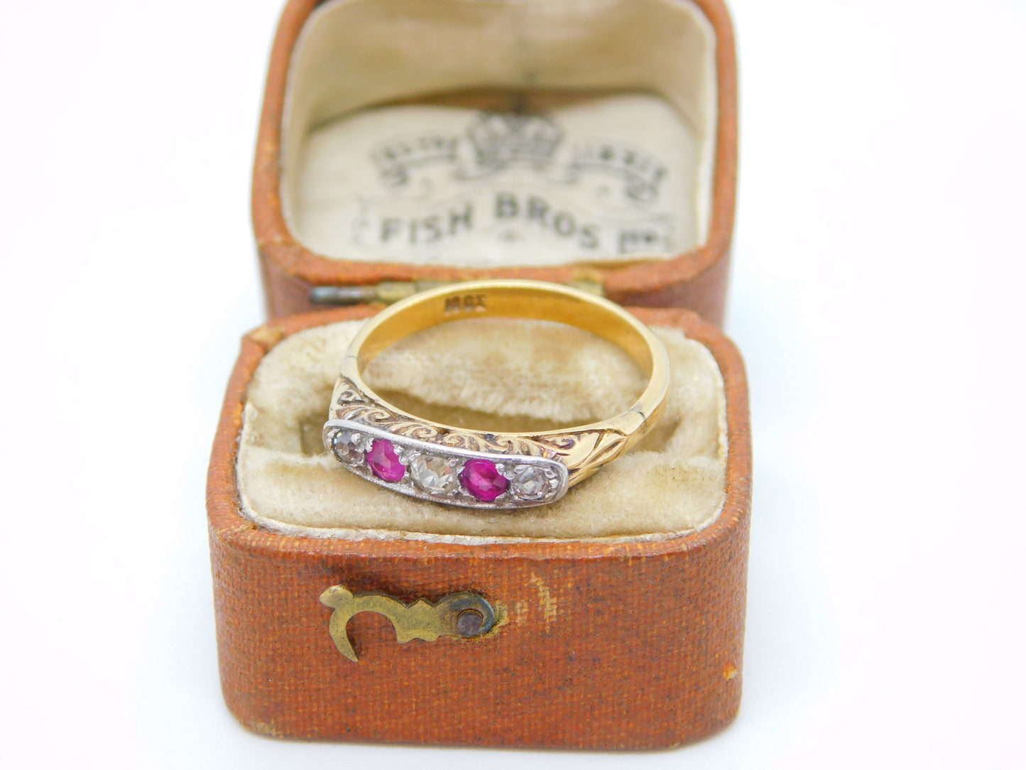 Victorian 18ct Yellow Gold, Diamond & Ruby Boat Ring Antique c1890