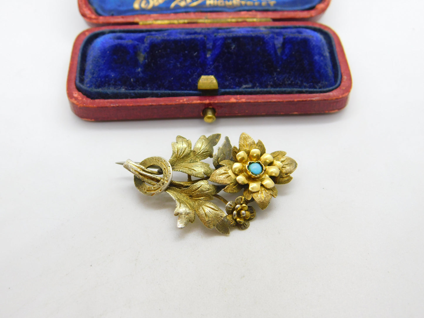 Victorian 9ct Yellow Gold, Turquoise Set Floral Sweetheart Brooch c1880 Antique