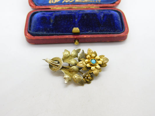 Victorian 9ct Yellow Gold, Turquoise Set Floral Sweetheart Brooch c1880 Antique