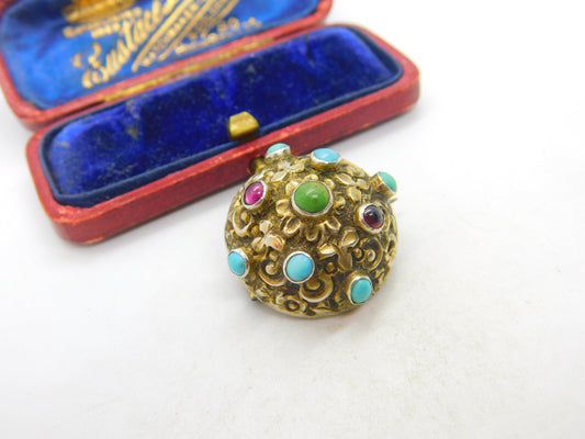 Austrian Early Sterling Silver, Turquoise & Garnet Button Brooch c1840 Antique