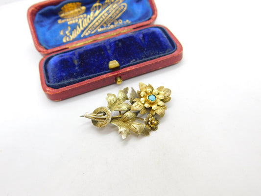 Victorian 9ct Yellow Gold, Turquoise Set Floral Sweetheart Brooch c1880 Antique