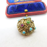 Austrian Early Sterling Silver, Turquoise & Garnet Button Brooch c1840 Antique