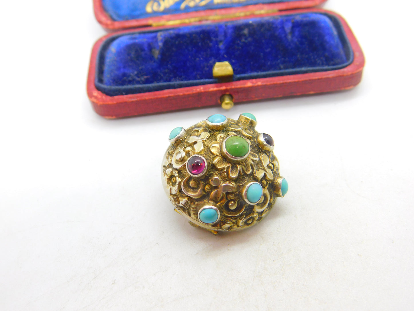 Austrian Early Sterling Silver, Turquoise & Garnet Button Brooch c1840 Antique