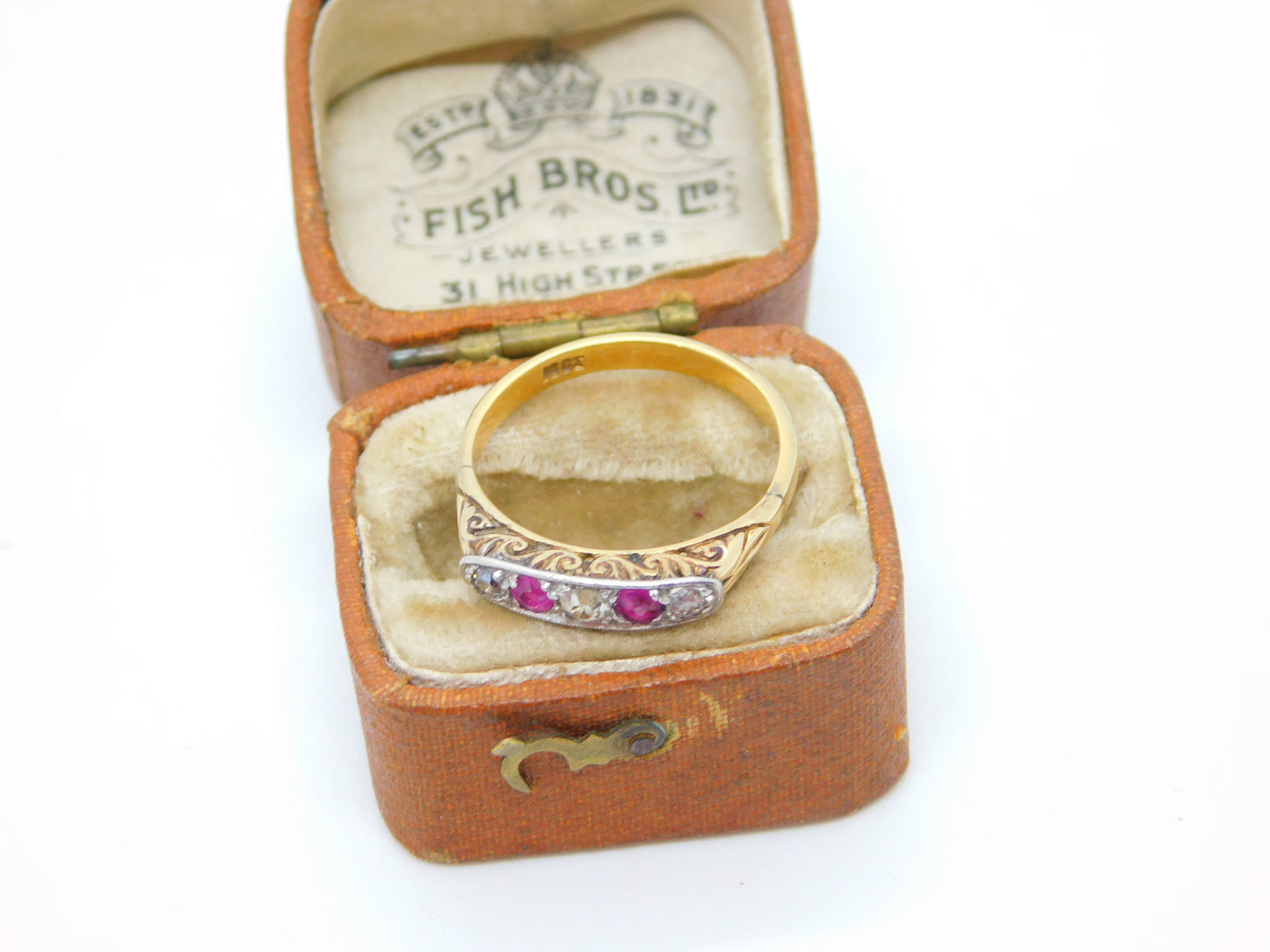 Victorian 18ct Yellow Gold, Diamond & Ruby Boat Ring Antique c1890